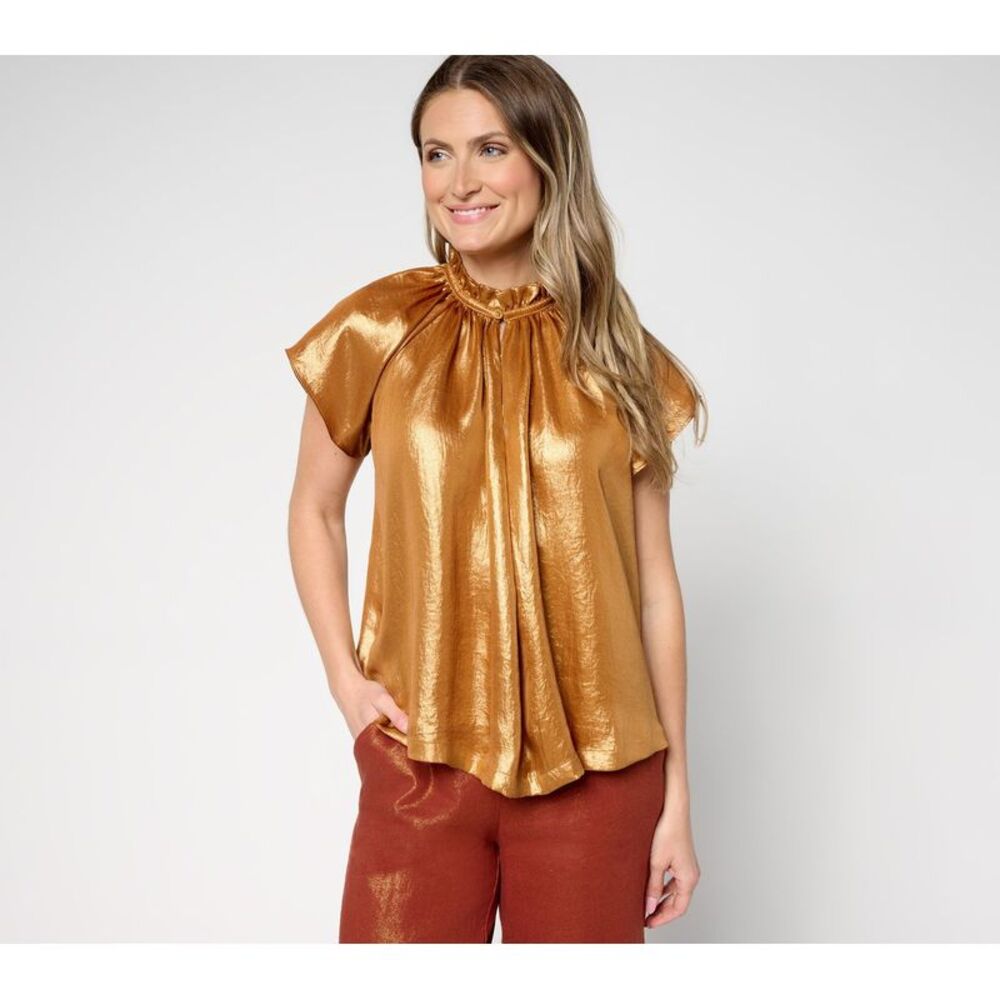 Gloria Vanderbilt Women's Top Sz M Carla Rockmore Collection Lam'e Yellow